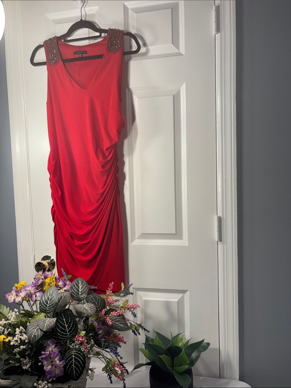 Tiana B. Red Ruched Beaded Shoulder Cocktail Dress Size 10